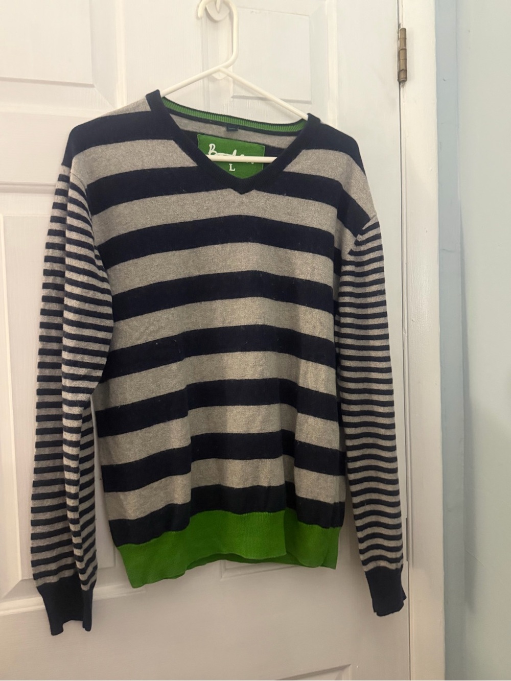 Boden Men’s Large Cotton Merino Wool Striped V-Neck Sweater